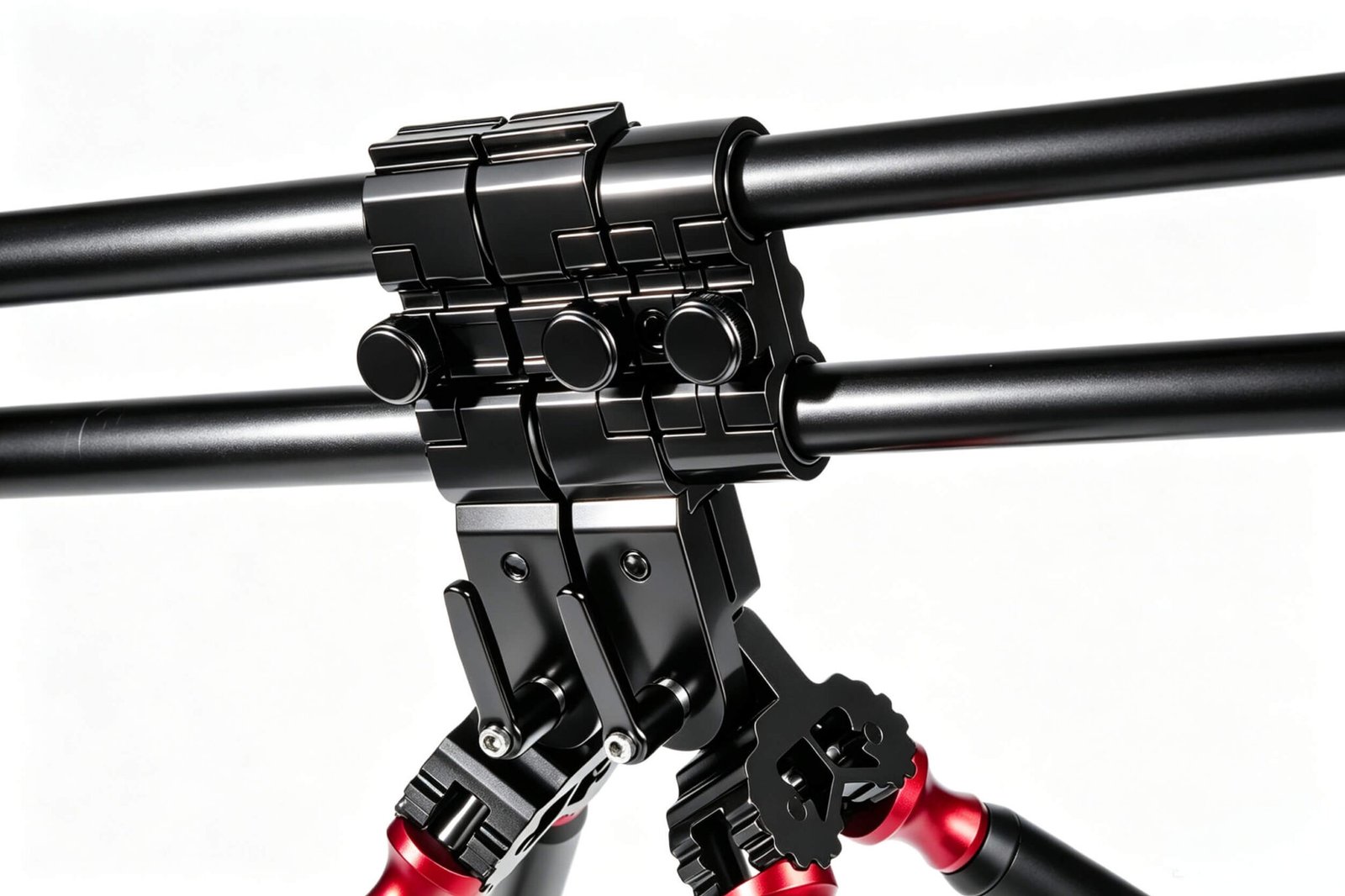 Red and black all-terrain rod pod CNC details