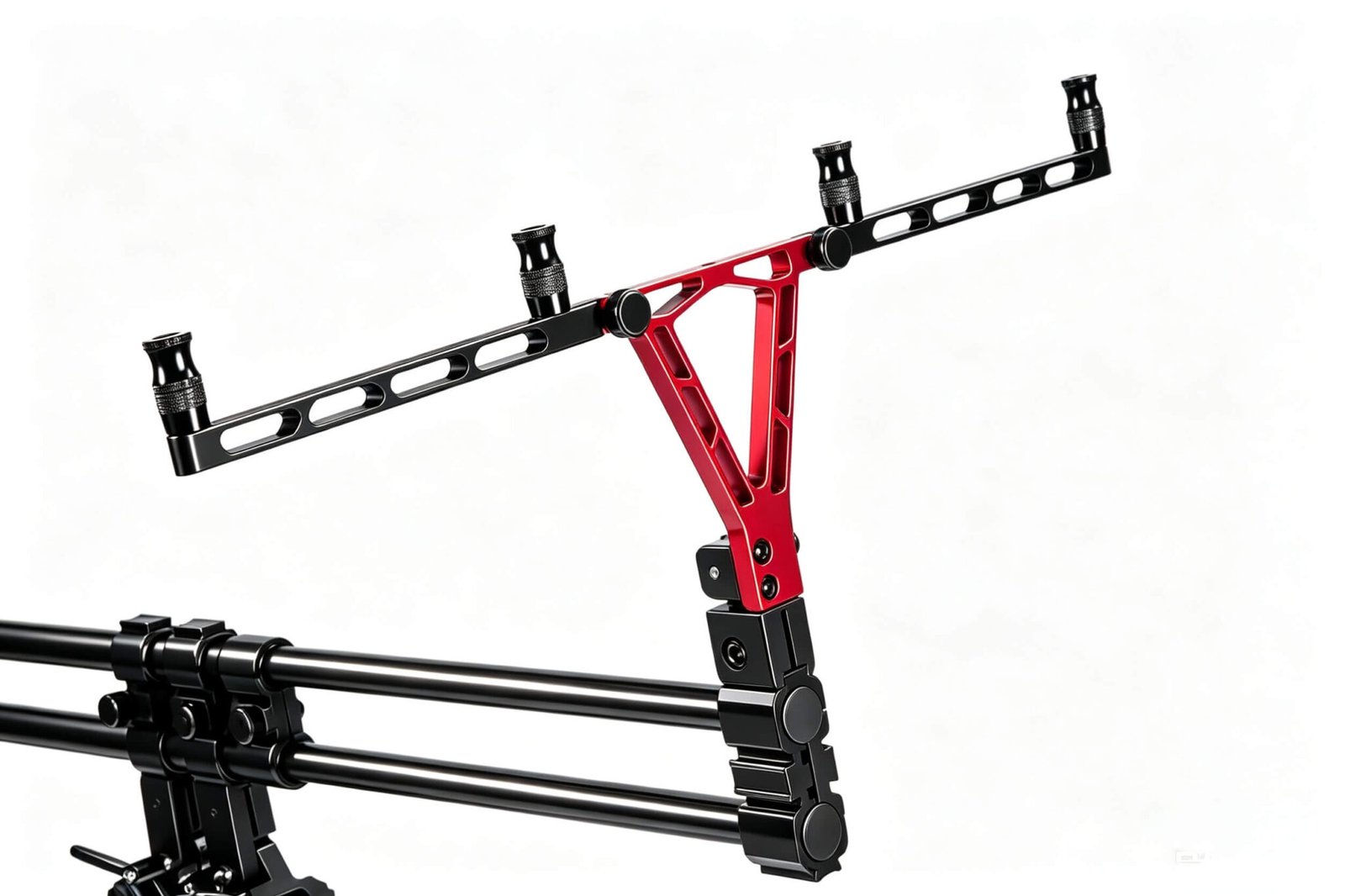 Red and black all-terrain rod pod CNC details
