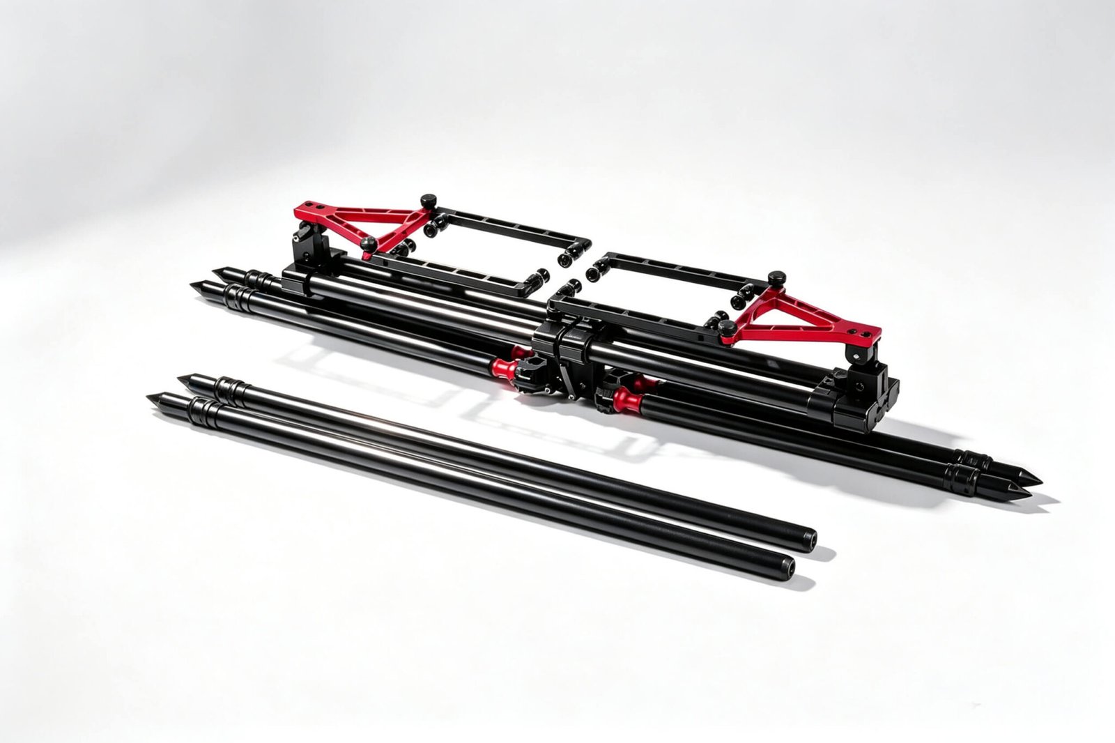Red and black all-terrain rod pod CNC details
