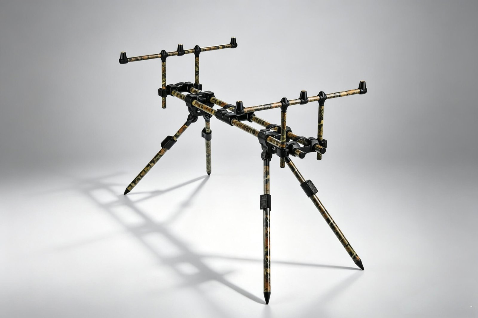A professional carp fishing rod pod fully set up for maximum stability on uneven bankside terrain.